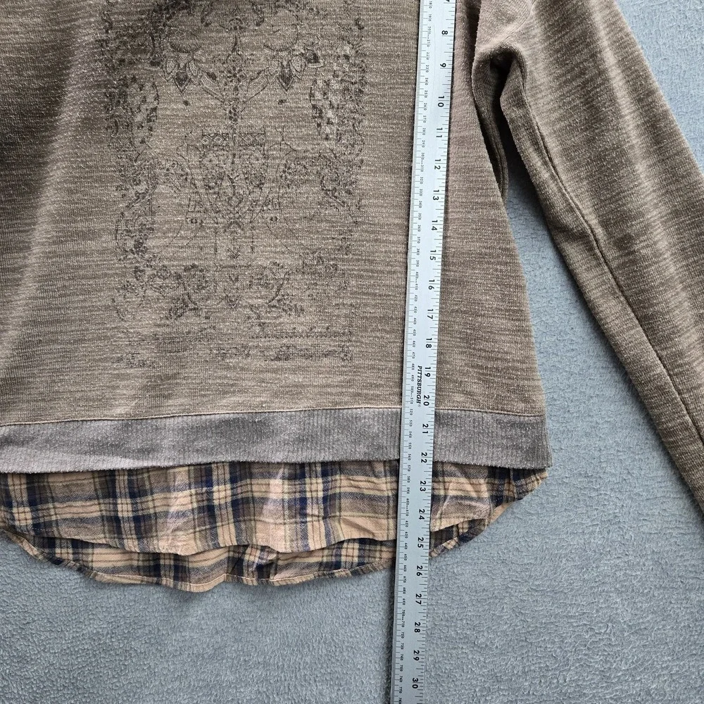 Miss Me‎ Women Sweatshirt XL Brown Plaid Floral Medallion Layered Look Grunge